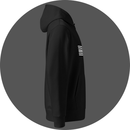 un4rt - the image shows the right side of a black cotton t-shirt with a print of six horizontal white stripes on the front.