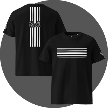 UN4RT black organic cotton t-shirt shown from the front and back, front features six horizontal white stripes printed across the chest, back features six vertical white stripes interrupted by the text "free all political prisoners" in white serif lettering, circular brand logo visible on the left sleeve.