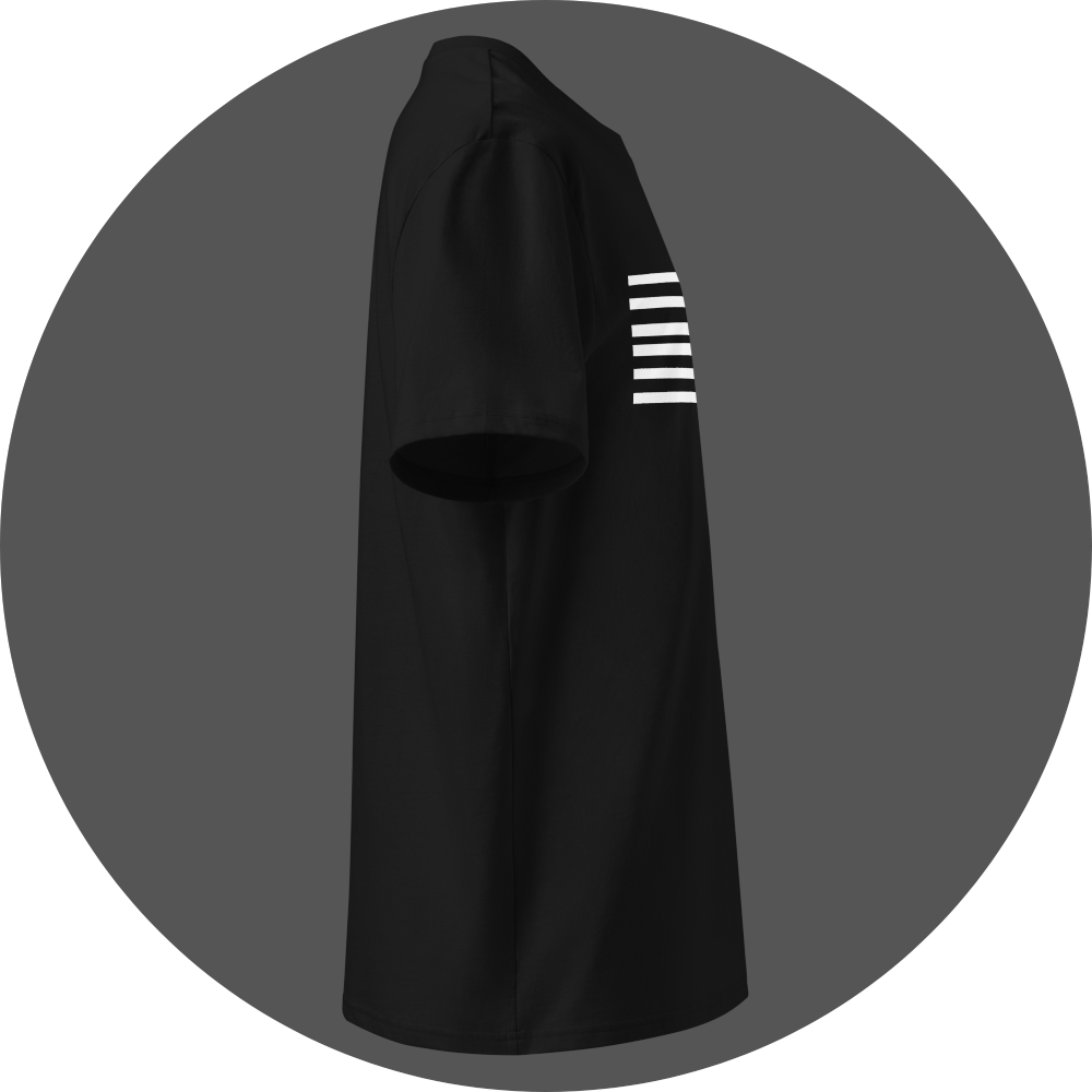 UN4RT black organic cotton t-shirt shown from the right side, featuring six horizontal white stripes visible on the front, no logo visible on this side.
