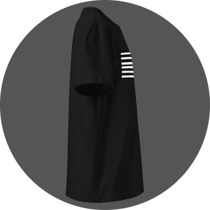UN4RT black organic cotton t-shirt shown from the right side, featuring six horizontal white stripes visible on the front, no logo visible on this side.
