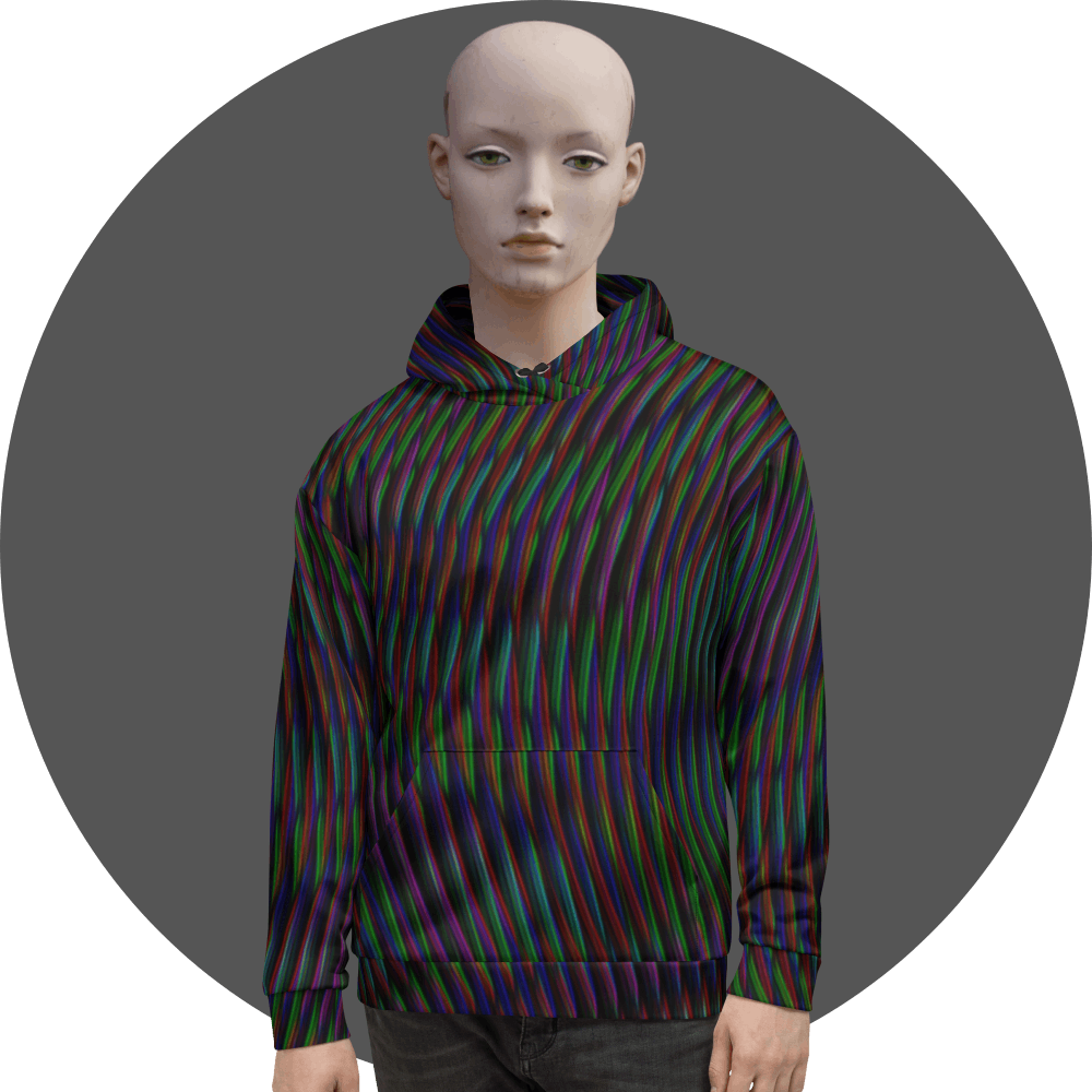 UN4RT all-over print hoodie, dense diagonal multicolor glitch stripes in red, green, blue and purple on black, kangaroo pocket, mannequin front view, grey circular background.
