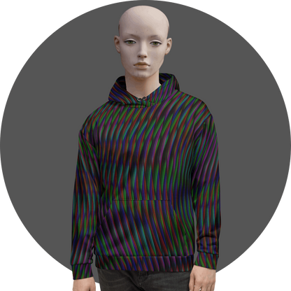 UN4RT all-over print hoodie, dense diagonal multicolor glitch stripes in red, green, blue and purple on black, kangaroo pocket, mannequin front view, grey circular background.
