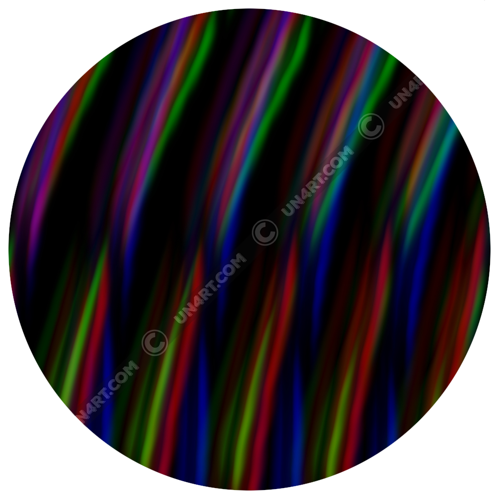 UN4RT frequent glitch original artwork detail – circular close-up of flowing multicolour stripe design in red, green, blue and purple on deep black background, smooth wave motion and fine linear texture, copyright-protected original artwork.