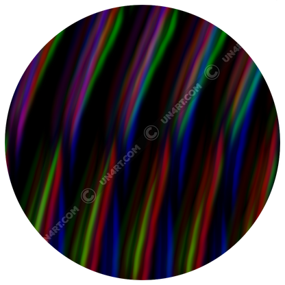 UN4RT frequent glitch original artwork detail – circular close-up of flowing multicolour stripe design in red, green, blue and purple on deep black background, smooth wave motion and fine linear texture, copyright-protected original artwork.