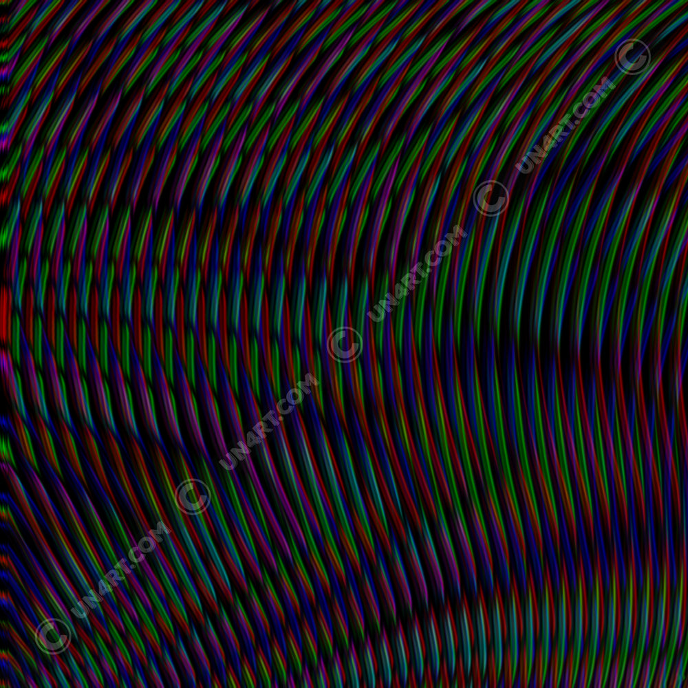 UN4RT frequent glitch original artwork – close-up of flowing multicolour stripe pattern in red, green, blue and purple with curved wave motion on deep black background, copyright-protected original design.