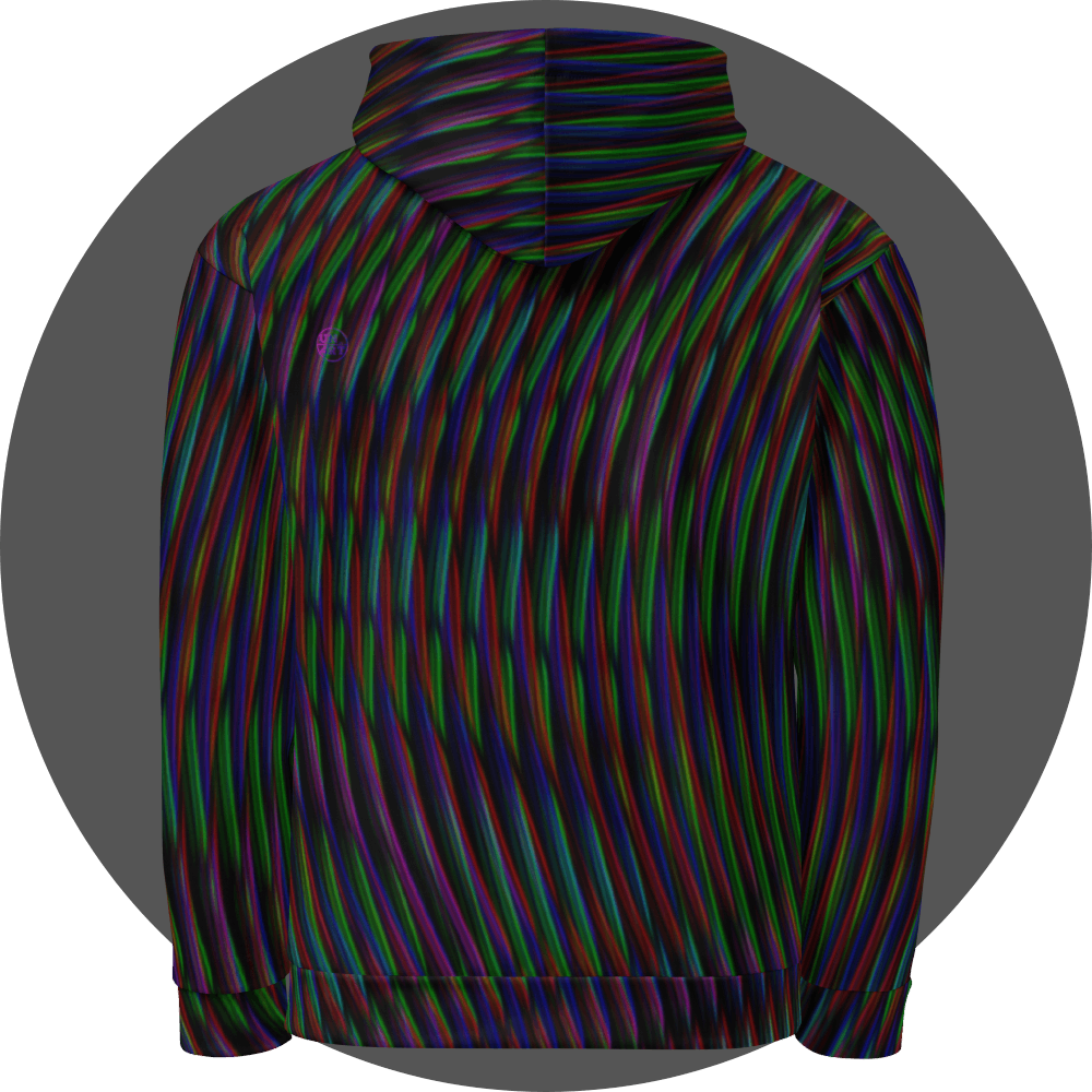UN4RT frequent glitch all-over-print hoodie back view – black pullover hoodie with flowing multicolour stripe pattern in red, green, blue and purple covering body, hood and sleeves, ribbed cuffs and hem.