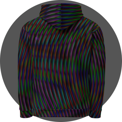 UN4RT frequent glitch all-over-print hoodie back view – black pullover hoodie with flowing multicolour stripe pattern in red, green, blue and purple covering body, hood and sleeves, ribbed cuffs and hem.