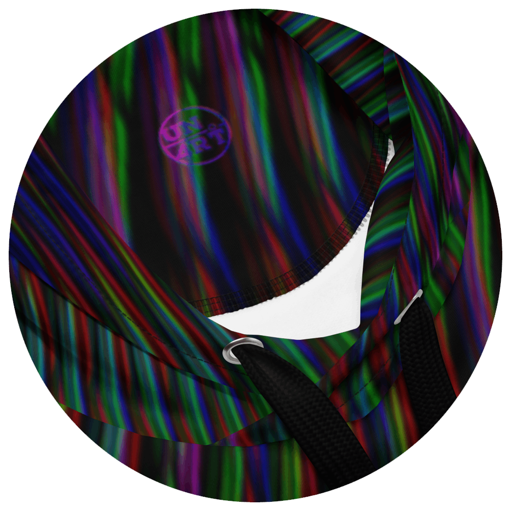 UN4RT frequent glitch hoodie hood detail – circular close-up of drawstring hood opening showing flowing multicolour stripe pattern in red, green, blue and purple on interior and exterior, silver metal eyelet and white inner lining visible, small UN4RT logo on hood lining.