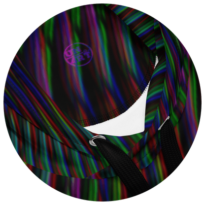 UN4RT frequent glitch hoodie hood detail – circular close-up of drawstring hood opening showing flowing multicolour stripe pattern in red, green, blue and purple on interior and exterior, silver metal eyelet and white inner lining visible, small UN4RT logo on hood lining.