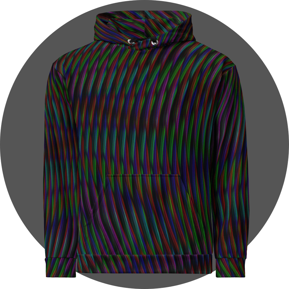 UN4RT frequent glitch all-over-print hoodie front view – black pullover hoodie with flowing multicolour stripe pattern in red, green, blue and purple, kangaroo pocket and silver metal eyelets with black drawstrings visible.