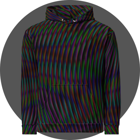UN4RT frequent glitch all-over-print hoodie front view – black pullover hoodie with flowing multicolour stripe pattern in red, green, blue and purple, kangaroo pocket and silver metal eyelets with black drawstrings visible.