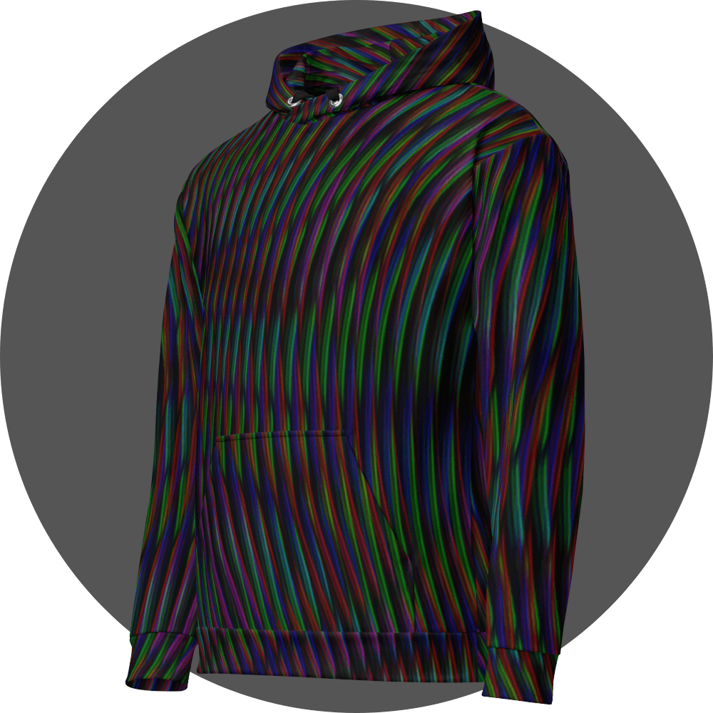 UN4RT frequent glitch all-over-print hoodie left side view – black pullover hoodie with flowing multicolour stripe pattern in red, green, blue and purple, silver metal eyelets and black drawstrings visible, ribbed cuffs and hem.