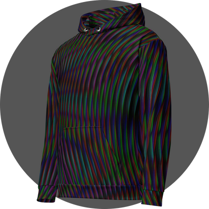 UN4RT frequent glitch all-over-print hoodie left side view – black pullover hoodie with flowing multicolour stripe pattern in red, green, blue and purple, silver metal eyelets and black drawstrings visible, ribbed cuffs and hem.