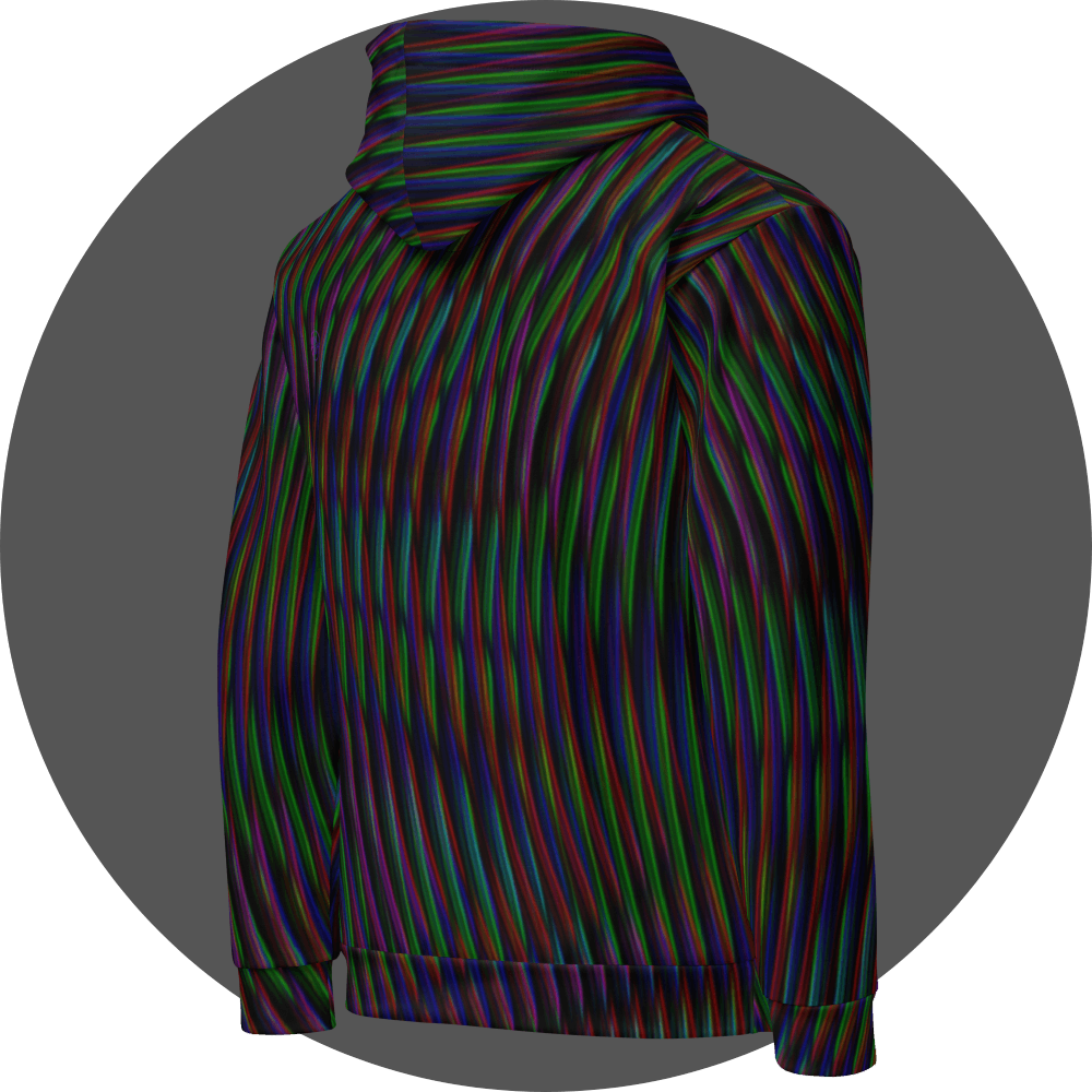 UN4RT frequent glitch all-over-print hoodie right side view – black pullover hoodie with flowing multicolour stripe pattern in red, green, blue and purple, kangaroo pocket detail visible, ribbed cuffs and hem.