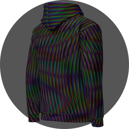 UN4RT frequent glitch all-over-print hoodie right side view – black pullover hoodie with flowing multicolour stripe pattern in red, green, blue and purple, kangaroo pocket detail visible, ribbed cuffs and hem.
