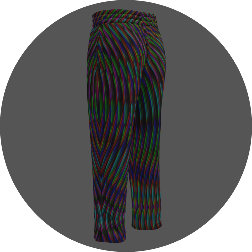 UN4RT frequent glitch all-over-print jogging pants back left view – black sweatpants with wavy multicolour stripe pattern in red, green, blue and purple, elasticated waistband, straight leg cut, small UN4RT logo at ankle.