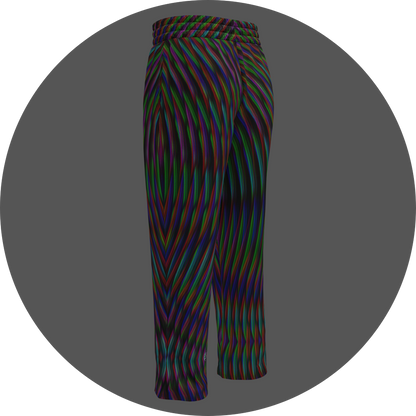 UN4RT frequent glitch all-over-print jogging pants back left view – black sweatpants with wavy multicolour stripe pattern in red, green, blue and purple, elasticated waistband, straight leg cut, small UN4RT logo at ankle.