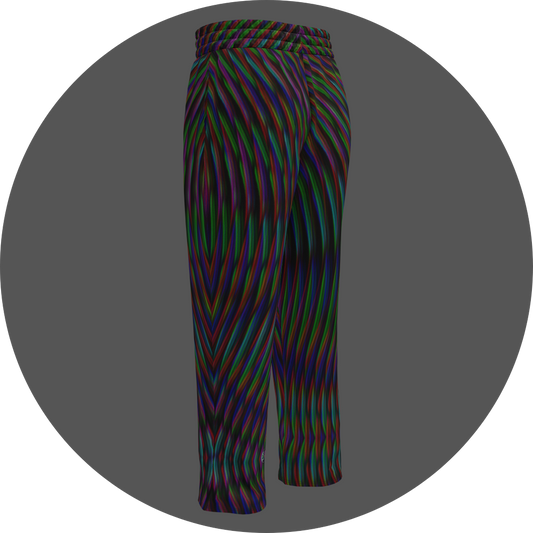 UN4RT frequent glitch all-over-print jogging pants back left view – black sweatpants with wavy multicolour stripe pattern in red, green, blue and purple, elasticated waistband, straight leg cut, small UN4RT logo at ankle.