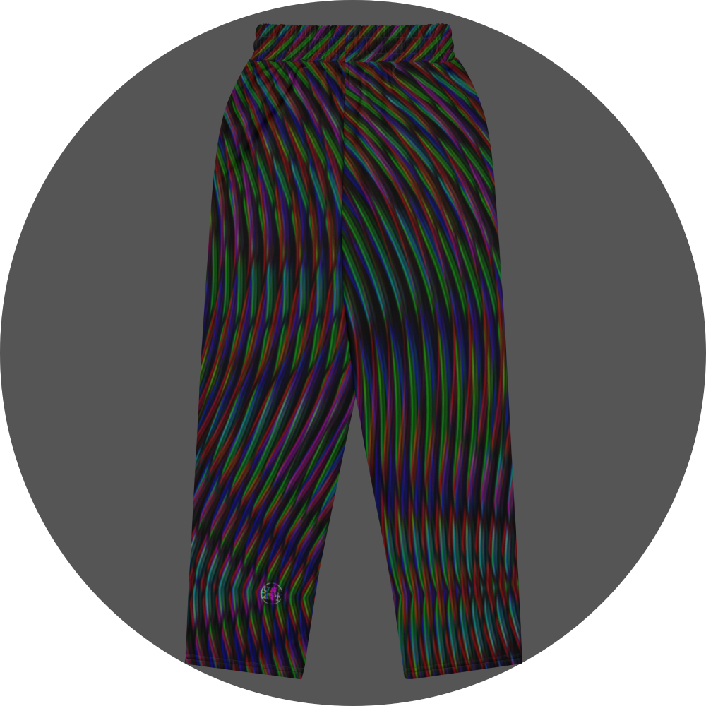 UN4RT frequent glitch all-over-print jogging pants back flat – black sweatpants with dense wavy multicolour stripe pattern in red, green, blue and purple, elasticated waistband, small UN4RT logo at lower leg.