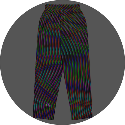 UN4RT frequent glitch all-over-print jogging pants back flat – black sweatpants with dense wavy multicolour stripe pattern in red, green, blue and purple, elasticated waistband, small UN4RT logo at lower leg.