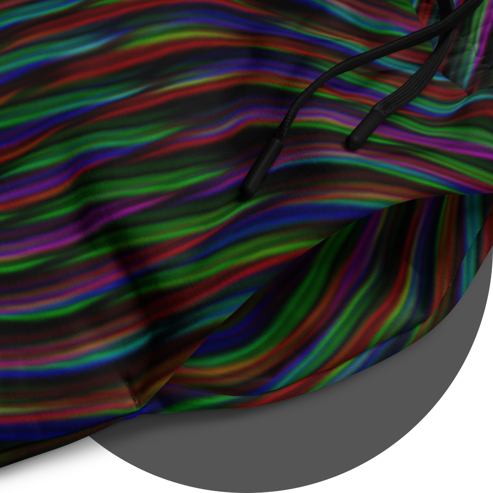 UN4RT frequent glitch jogger detail –  close-up of all-over-print showing wavy multicolour stripe pattern in red, green, blue and purple on black fabric, black drawstring visible at waistband.