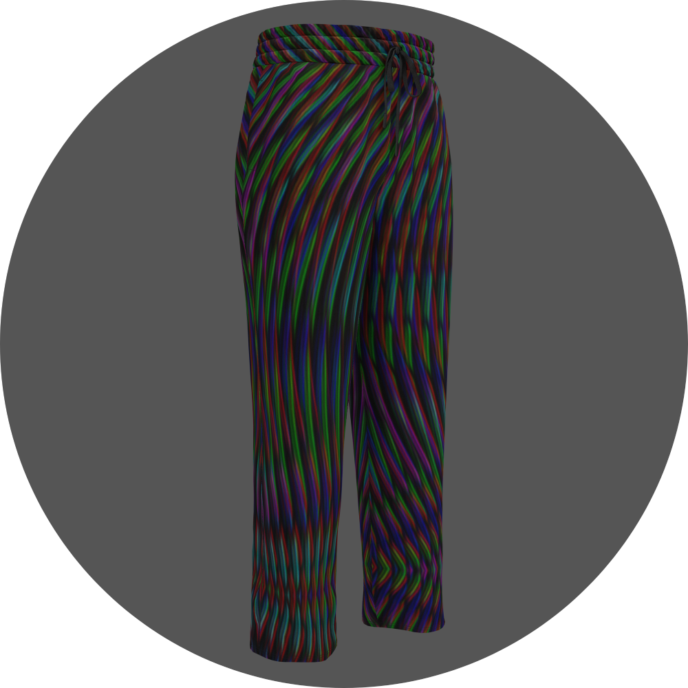UN4RT frequent glitch all-over-print jogging pants front right view – black sweatpants with wavy multicolour stripe pattern in red, green, blue and purple, elasticated drawstring waistband, straight leg cut.