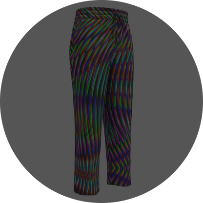 UN4RT frequent glitch all-over-print jogging pants front right view – black sweatpants with wavy multicolour stripe pattern in red, green, blue and purple, elasticated drawstring waistband, straight leg cut.