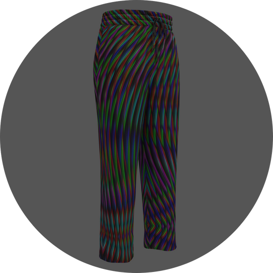 UN4RT frequent glitch all-over-print jogging pants front right view – black sweatpants with wavy multicolour stripe pattern in red, green, blue and purple, elasticated drawstring waistband, straight leg cut.