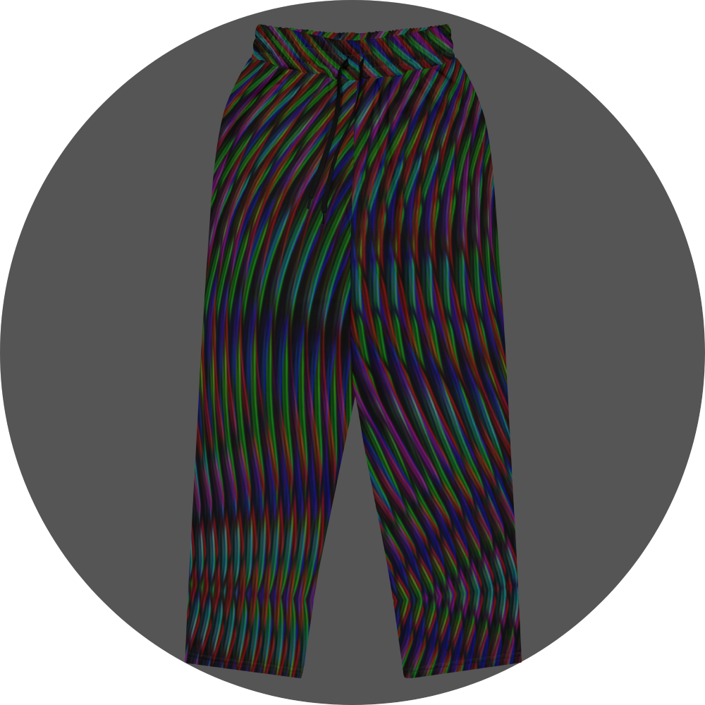UN4RT frequent glitch all-over-print jogging pants front flat – black sweatpants with dense wavy multicolour stripe pattern in red, green, blue and purple, elasticated drawstring waistband.