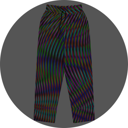 UN4RT frequent glitch all-over-print jogging pants front flat – black sweatpants with dense wavy multicolour stripe pattern in red, green, blue and purple, elasticated drawstring waistband.