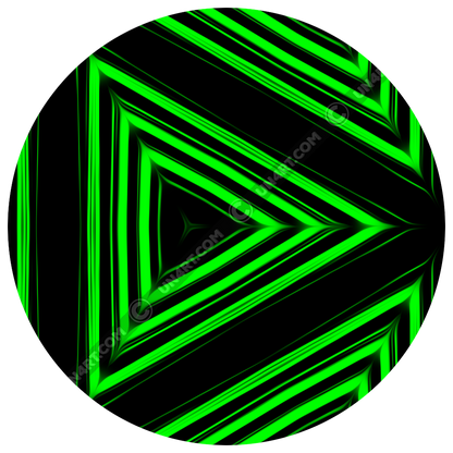 un4rt- the image shows one triangle of a repeating pattern made of triangles. each triangle is mirrored horizontal and vertical over and over again. the triangles are made of three thick and green lines with soft borders. the space between the triangles and between the green lines is black.