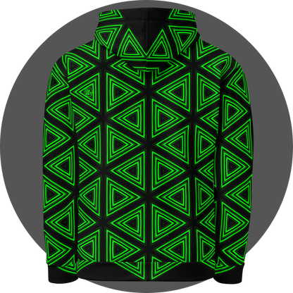 un4rt- the image shows the back of a hoodie with a repeating pattern made of triangles. each triangle is mirrored horizontal and vertical over and over again. the triangles are made of three thick and green lines with soft borders. the space between the triangles and between the green lines is black.
