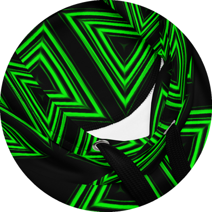 un4rt- the image shows details of a hoodie with a repeating pattern made of triangles. each triangle is mirrored horizontal and vertical over and over again. the triangles are made of three thick and green lines with soft borders. the space between the triangles and between the green lines is black.