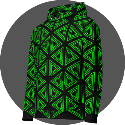 un4rt- the image shows the left front of a hoodie with a repeating pattern made of triangles. each triangle is mirrored horizontal and vertical over and over again. the triangles are made of three thick and green lines with soft borders. the space between the triangles and between the green lines is black.