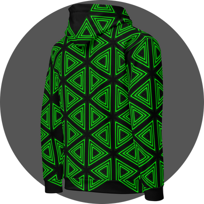 un4rt- the image shows the right back of a hoodie with a repeating pattern made of triangles. each triangle is mirrored horizontal and vertical over and over again. the triangles are made of three thick and green lines with soft borders. the space between the triangles and between the green lines is black.