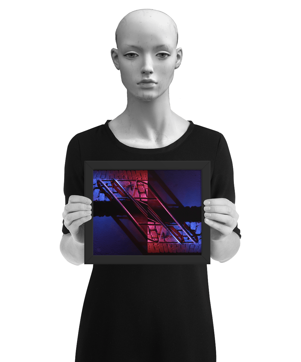 un4rt - the photographie is doubled and then mirrored. both photographies together create the final image. the image shows a brick wall and a wall with a handrail. the illumination changes from red to blue. the image is framed and presented by a mannequin in black and white.