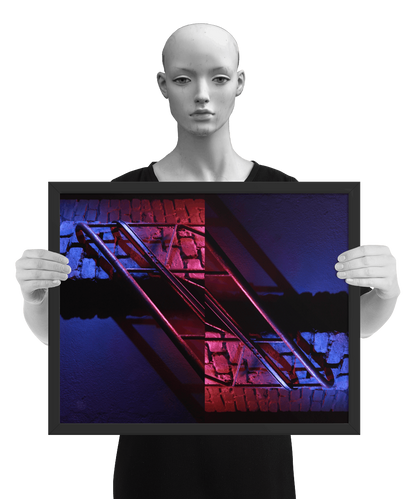 un4rt - the photographie is doubled and then mirrored. both photographies together create the final image. the image shows a brick wall and a wall with a handrail. the illumination changes from red to blue. the image is framed and presented by a mannequin in black and white.