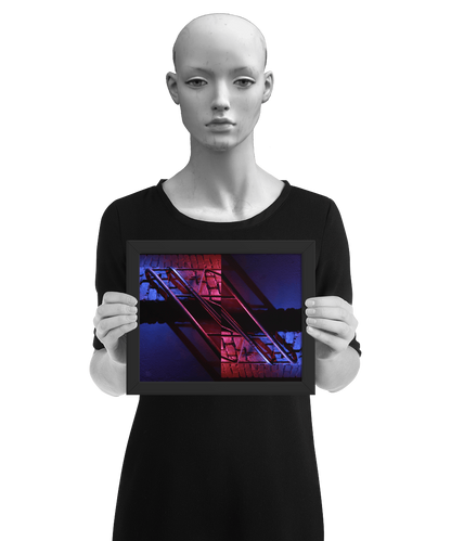 un4rt - the photographie is doubled and then mirrored. both photographies together create the final image. the image shows a brick wall and a wall with a handrail. the illumination changes from red to blue. the image is framed and presented by a mannequin in black and white.