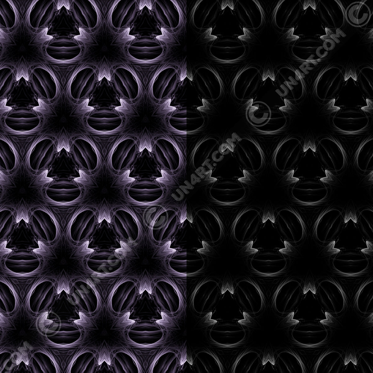 un4rt - the image is split vertically. both sides show the same repeating pattern, but an editing filter has been applied to the right side, lowering the brightness of the pattern. the pattern has a three-sided basic structure with fine lines that run both straight and curved. the background of the pattern is black, the lines are bright white.