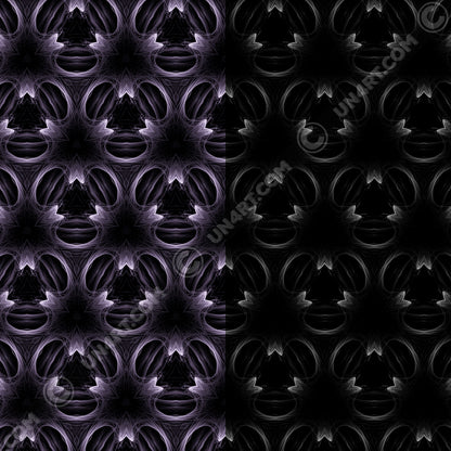 un4rt - the image is split vertically. both sides show the same repeating pattern, but an editing filter has been applied to the right side, lowering the brightness of the pattern. the pattern has a three-sided basic structure with fine lines that run both straight and curved. the background of the pattern is black, the lines are bright white.
