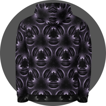 un4rt - the image shows the back of a hoodie with a seamless pattern. the pattern has a three-sided basic structure with fine lines that run both straight and curved. the background of the pattern is black, the lines are bright white.