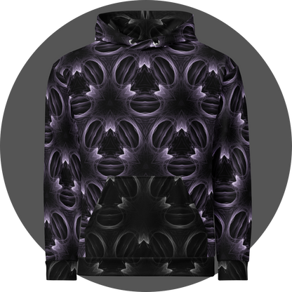 un4rt - the image shows the front of a hoodie with a seamless pattern. the pattern has a three-sided basic structure with fine lines that run both straight and curved. the background of the pattern is black, the lines are bright white.