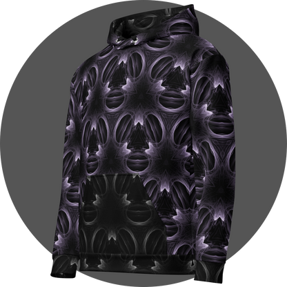 un4rt - the image shows the left front of a hoodie with a seamless pattern. the pattern has a three-sided basic structure with fine lines that run both straight and curved. the background of the pattern is black, the lines are bright white.