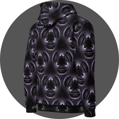 un4rt - the image shows the right back of a hoodie with a seamless pattern. the pattern has a three-sided basic structure with fine lines that run both straight and curved. the background of the pattern is black, the lines are bright white.