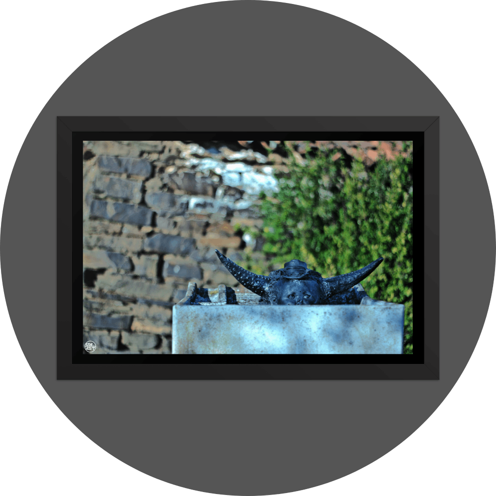 un4rt  the photographie shows an old washing tub with a horned baby face looking out of it. the babyface is also wearing a hat. babyface, horns and head are black, the old washing tub is made of concrete. old brick wall with a bush in the background. the background is very blurry. 