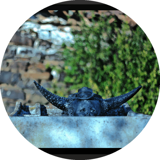 un4rt  the photographie shows an old washing tub with a horned baby face looking out of it. the babyface is also wearing a hat. babyface, horns and head are black, the old washing tub is made of concrete. old brick wall with a bush in the background. the background is very blurry. 