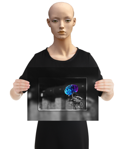 un4rt - the picture shows an edited photo. most of the picture is black and white. the main element is a hydrangea. the flowers of the hydrangea are colored. the colors are blue and purple. the background is very blurred and only dimly visible. the picture was taken at the maze-club in berlin. the picture is presented by a mannequin.