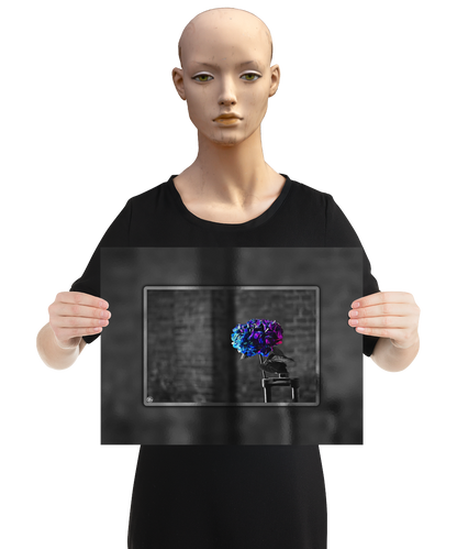 un4rt - the picture shows an edited photo. most of the picture is black and white. the main element is a hydrangea. the flowers of the hydrangea are colored. the colors are blue and purple. the background is very blurred and only dimly visible. the picture was taken at the maze-club in berlin. the picture is presented by a mannequin.