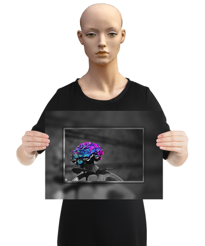 un4rt - the picture shows an edited photo. most of the picture is black and white. the main element is a hydrangea. the flowers of the hydrangea are colored. the colors are blue and purple. the background is very blurred and only dimly visible. the picture was taken at the maze-club in berlin. the picture is presented by a mannequin.