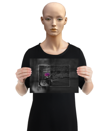 un4rt - the picture shows an edited photo. most of the picture is black and white. the main element is a hydrangea. the flowers of the hydrangea are colored. the colors are blue and purple. the background is very blurred and only dimly visible. the picture was taken at the maze-club in berlin. the picture is presented by a mannequin.